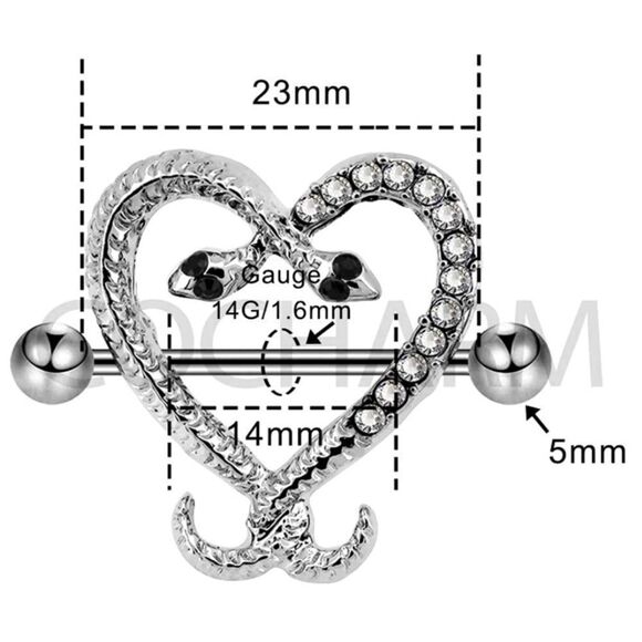 14G 316L Silver Crystal Heart Snake Nipple Rings - Set of 2 - Picture 2 of 4